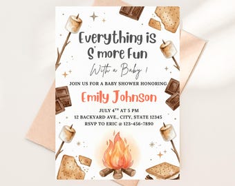 Invitación para baby shower con temática de s'mores, invitación para baby shower con fogata, baby shower con temática de bosque, plantilla editable, invitación para baby shower estilo bohemio rústico.