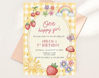 Retro Strawberry 1st Birthday Invitation, Watercolor Sunshine Gingham Template (Digital Download)