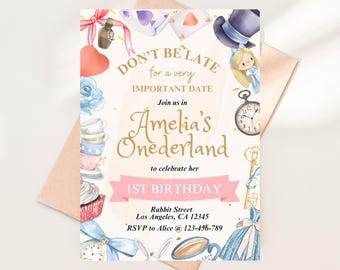 Alice in Wonderland 1st Birthday Invitation, Watercolor Whimsical Onederland Invite (Digital Download)