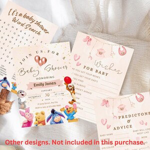 May include: A collection of baby shower game cards and invitations. The invitation features the text "Join Us For A Baby Shower" and the honoree's name. Other cards include a word search and a "Wishes For Baby" game.