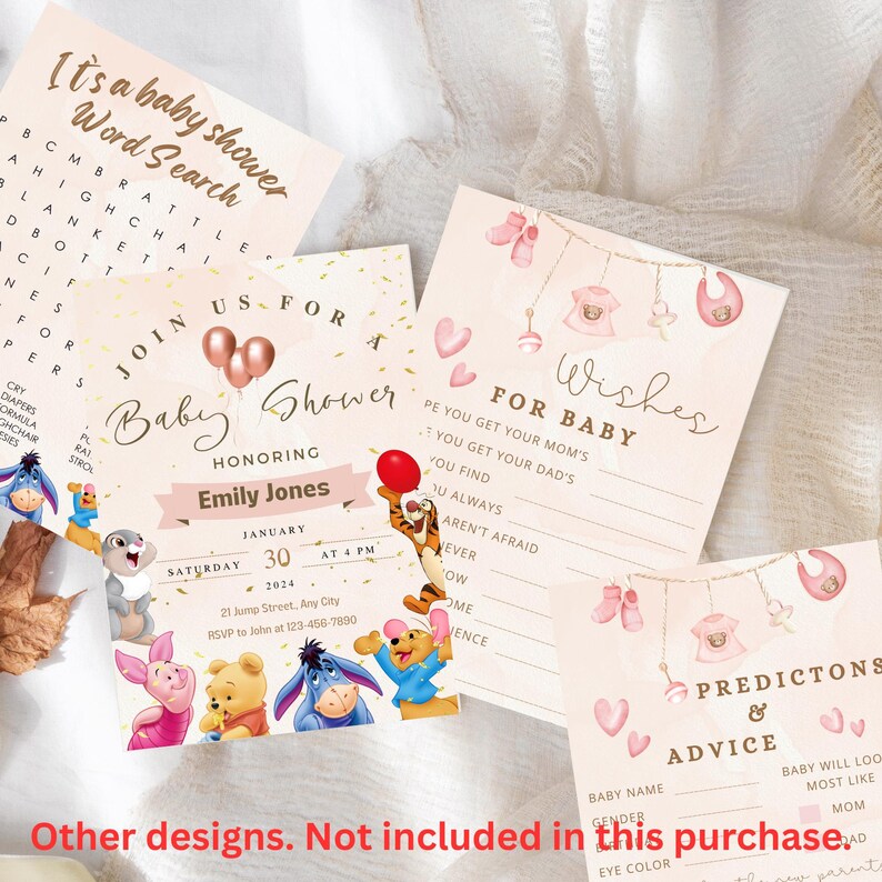 May include: A collection of baby shower game cards and invitations. The invitation features the text "Join Us For A Baby Shower" and the honoree's name. Other cards include a word search and a "Wishes For Baby" game.