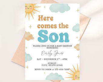 Invitación para baby shower "Here Comes The Son", temática soleada, invitación editable.