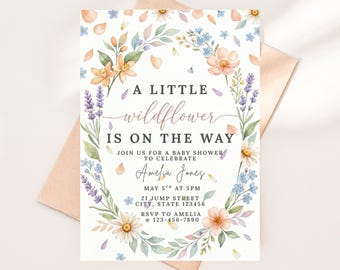 Plantilla de invitación para baby shower con flores silvestres, invitación floral bohemia para baby shower, imprimible y editable, invitación para baby shower de niña, invitación para baby shower