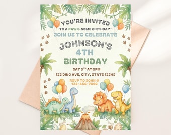 Invitación de cumpleaños de dinosaurios, invitación para fiesta de dinosaurios en acuarela (descarga digital)