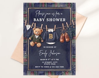 Invitación clásica para baby shower con osito de peluche, invitación para niño a cuadros azul marino (plantilla editable)