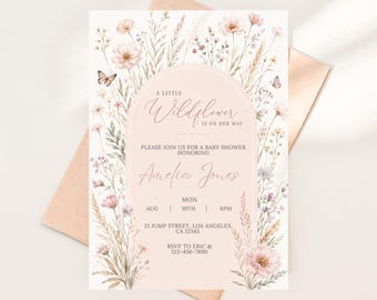 Wildflower Baby Shower Invitation, Blush Pink Floral Arch, Boho Watercolor Girl Invite (Digital Download)