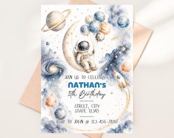 Watercolor Astronaut Birthday Invitation, Galaxy Space Theme, Boy's Any Age (Digital Download)