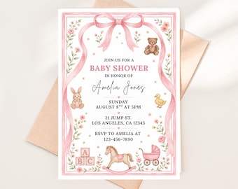 Pink Teddy Bear Baby Shower Invitation, Vintage Floral, Watercolor Bow (Editable Printable)