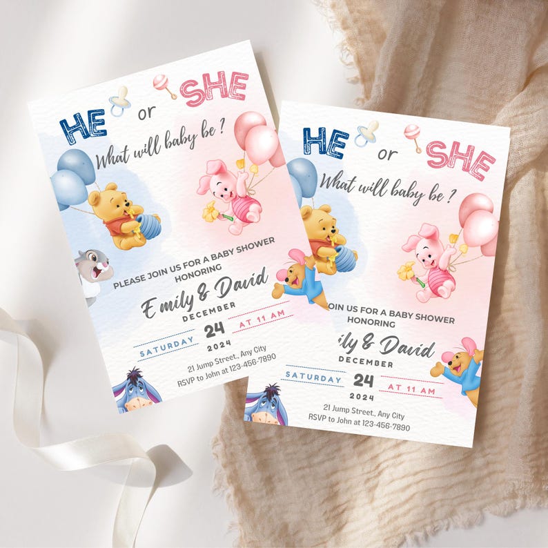 May include: Baby shower invitations with Winnie the Pooh characters. The invitations have a pink and blue gradient background with the text "HE or SHE, What will baby be?" and event details.