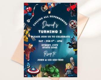 Invitación de cumpleaños de superhéroes, estilo bloques de construcción, fiesta infantil (descarga digital, invitación imprimible editable)