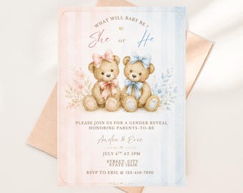 Watercolor Teddy Bear Gender Reveal Invitation, Pink Blue Baby Shower Invite