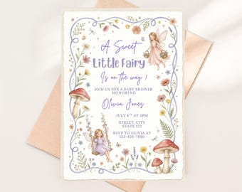 Fairy Baby Shower Invitation, Watercolor Whimsical Wildflowers, Enchanted Forest Theme (Editable Template)