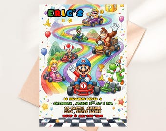 Invitación de cumpleaños de Mario Kart, temática de carreras en la carretera arcoíris, invitación digital editable (descarga digital)