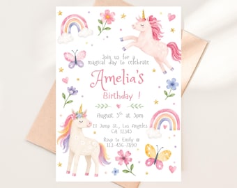 Watercolor Unicorn Birthday Invitation, Pastel Rainbow Party Invite (Editable)