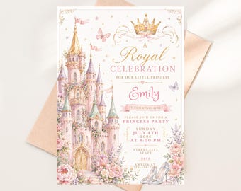 Watercolor Princess Castle Birthday Invitation Template, Fairytale Royal Party Invite