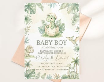 Invitación para baby shower de dinosaurios, plantilla para niño "Próximamente eclosionará"