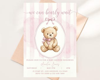 Plantilla de invitación para baby shower con osito de peluche rosa, invitación editable para baby shower de niña, tema de osito imprimible, tarjeta de descarga instantánea de 5x7 pulgadas.