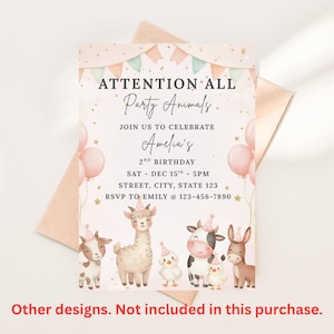 Puede incluir: Una invitaci&oacute;n de fiesta con el texto "ATTENTION ALL Party Animals" y "Amelia's 2nd Birthday." La invitaci&oacute;n presenta ilustraciones de animales de granja, globos rosas y pancartas decorativas. La invitaci&oacute;n est&aacute; sobre un fondo rosa claro.
