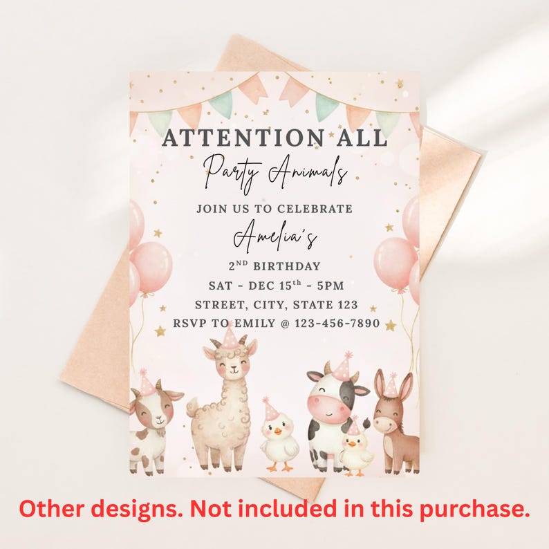 Puede incluir: Una invitaci&oacute;n de fiesta con el texto "ATTENTION ALL Party Animals" y "Amelia's 2nd Birthday." La invitaci&oacute;n presenta ilustraciones de animales de granja, globos rosas y pancartas decorativas. La invitaci&oacute;n est&aacute; sobre un fondo rosa claro.