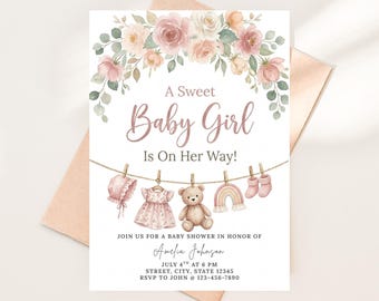 Plantilla de invitación para baby shower de niña estilo bohemio, invitación floral para baby shower, invitación editable para baby shower rosa, invitación imprimible para baby shower de niña.