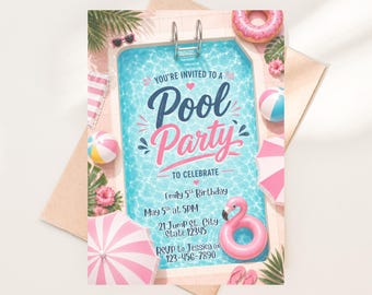 Pool Party Birthday Invitation, Flamingo Summer Kids Invite, Editable (Digital Download)