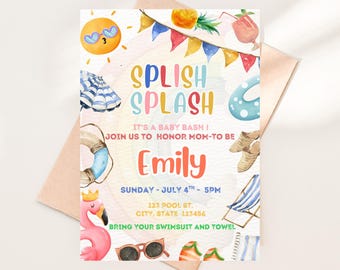 Invitación para baby shower con temática de piscina, invitación para baby shower con temática de fiesta en la piscina, invitación imprimible para baby shower de verano, invitación para fiesta en la piscina, plantilla editable
