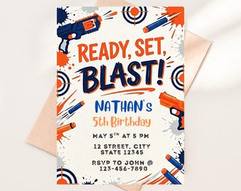 Plantilla editable de invitación de cumpleaños Nerf, invitación de cumpleaños para niño de 5 años, fiesta Ready Set Blast, invitación imprimible para fiestas infantiles (descarga digital)