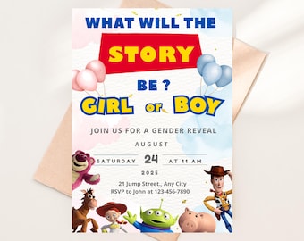 Invitación para revelación de género de Toy Story: ¿Qué será el bebé? Invitación para fiesta de revelación de género. Niño. Niña. Descarga digital editable
