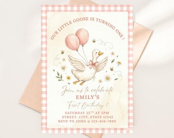 Invitación de primer cumpleaños de Little Goose, plantilla de cuadros vichy rosa en acuarela (descarga digital)
