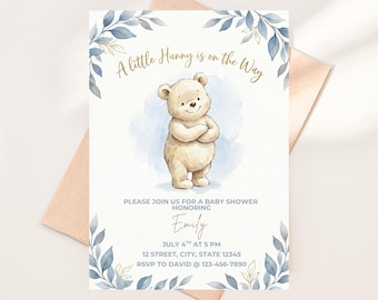 Invitación para baby shower de Winnie the Pooh "Un poco de miel está en camino", invitaciones para baby shower en azul y dorado, invitación para baby shower con hojas azules y polvo dorado.