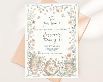 Vintage Floral Tea Party Invitation, Watercolor Wildflowers, Teacups, Butterflies, Garden Birthday Invite
