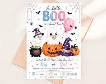 Halloween Gender Reveal Invitation, Little Boo Baby Shower Template (Digital Download)