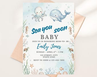 Invitación para baby shower "Sea You Soon", animales marinos en acuarela, plantilla editable