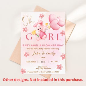 May include: A pink baby shower invitation featuring Piglet holding flowers and heart-shaped balloons. The invitation reads "Oh Girl" and includes details for a baby shower honoring Amelia, with the date, time, and RSVP information.