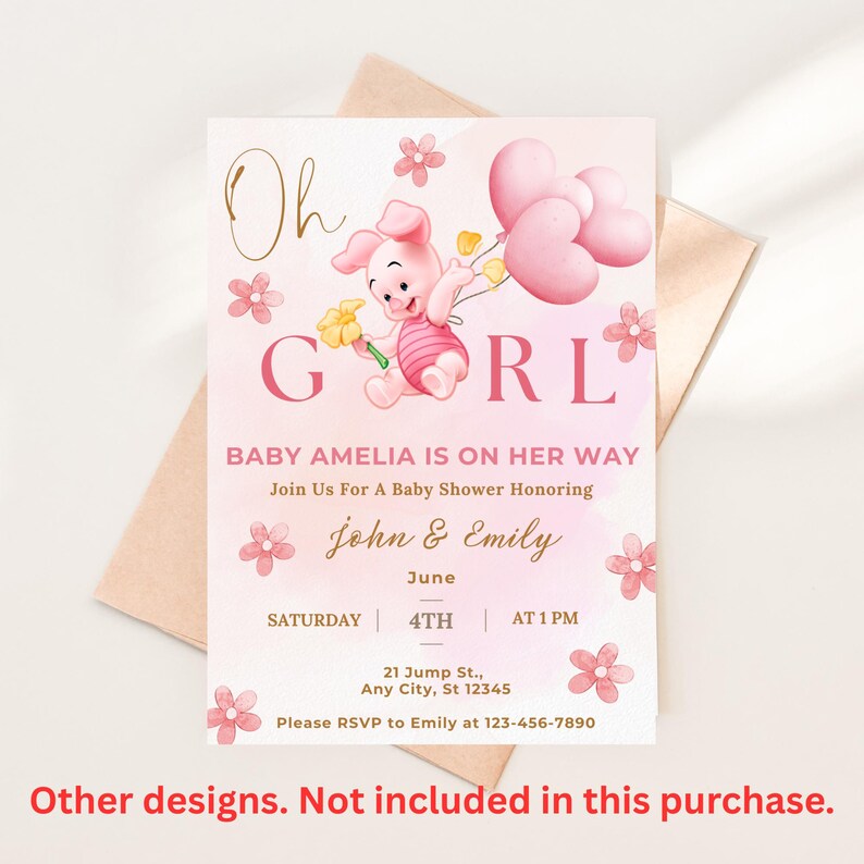 May include: A pink baby shower invitation featuring Piglet holding flowers and heart-shaped balloons. The invitation reads "Oh Girl" and includes details for a baby shower honoring Amelia, with the date, time, and RSVP information.