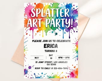 Plantilla de invitación para fiesta de arte con salpicaduras de colores, invitación de cumpleaños infantil, invitación imprimible para fiesta de pintura, invitación editable en Canva, salpicaduras de arcoíris