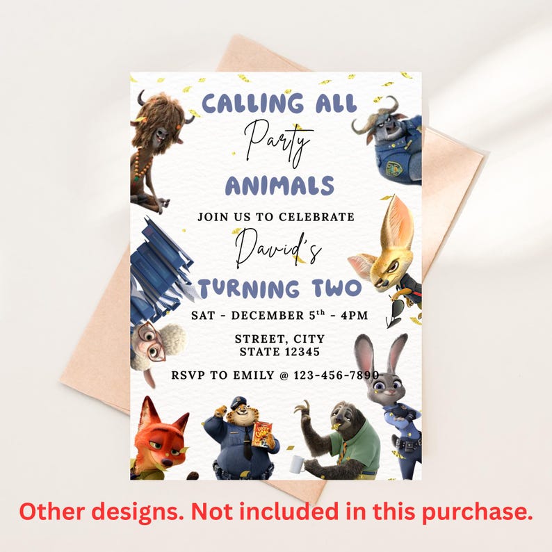 Puede incluir: Una invitaci&oacute;n a una fiesta infantil con personajes de dibujos animados. El texto de la invitaci&oacute;n dice "Calling All Party Animals" y celebra un segundo cumplea&ntilde;os. Incluye detalles del evento como la fecha, la hora y la informaci&oacute;n de RSVP.