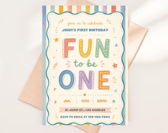 Retro Fun to Be One Birthday Invitation, Pastel Doodle First Birthday Invite (Digital Download)