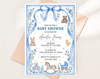 Blue Watercolor Baby Shower Invitation, Teddy Bear Bunny Duckling Nursery Theme (Digital Download)