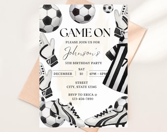 Invitación de cumpleaños para niño. Invitación de cumpleaños de fútbol. Fiesta deportiva. Fiesta de cumpleaños infantil. Plantilla editable de invitación de cumpleaños.