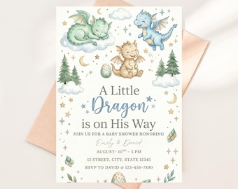 Invitación para baby shower con diseño de dragón, invitación de fantasía en acuarela para niño (plantilla)
