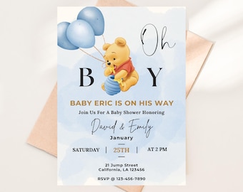 Winnie The Pooh Baby Shower Invitation Template. Baby Shower Invite. Boy Baby Shower. Oh Boy Baby Shower. Baby Shower Invite
