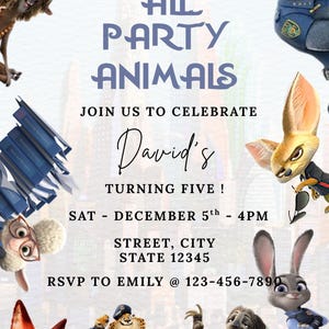 Puede incluir: Una invitaci&oacute;n a una fiesta con el texto "ATTENTION ALL PARTY ANIMALS" y "David's TURNING FIVE!" con personajes de dibujos animados de animales. La invitaci&oacute;n incluye fecha, hora e informaci&oacute;n de RSVP.