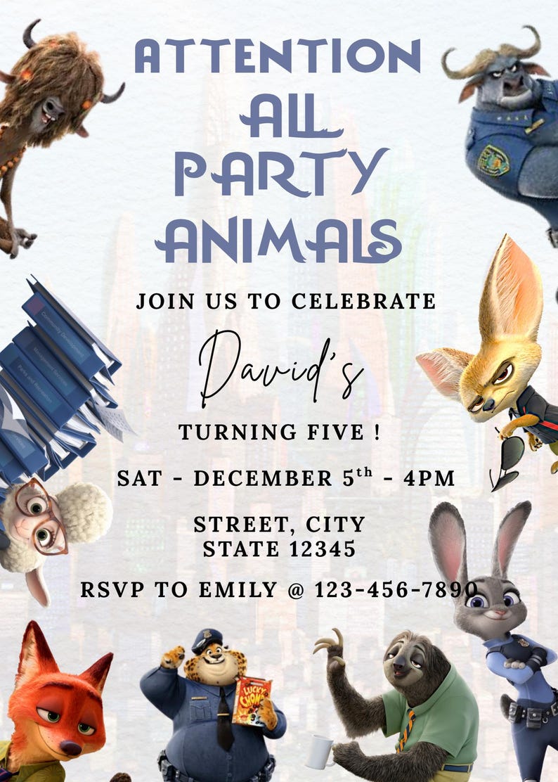 Puede incluir: Una invitaci&oacute;n a una fiesta con el texto "ATTENTION ALL PARTY ANIMALS" y "David's TURNING FIVE!" con personajes de dibujos animados de animales. La invitaci&oacute;n incluye fecha, hora e informaci&oacute;n de RSVP.