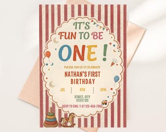 Retro Circus First Birthday Invitation, Fun to Be One, Editable Printable Invite