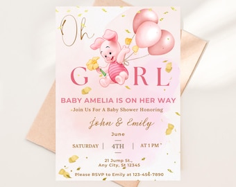 Piglet Baby Shower Invitation: Girl Theme (Digital Download)