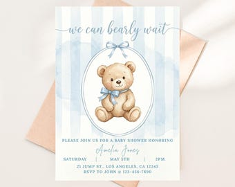 Plantilla de invitación para baby shower de osito de peluche azul, invitación editable para baby shower de niño, invitación imprimible de osito lindo, descarga instantánea, baby shower
