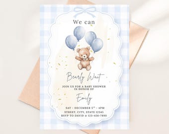 Invitación para baby shower con osito de peluche, cuadros azules, Bearly Wait (Descarga digital 5x7)