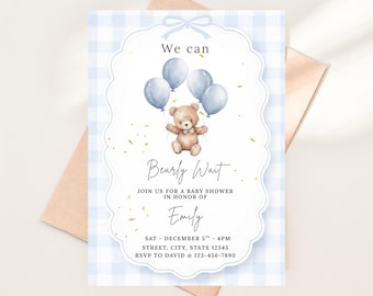 Invitación para baby shower con osito de peluche azul, invitación vintage a cuadros para niño (descarga digital)