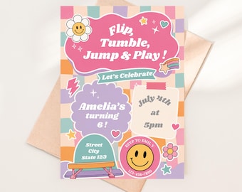 Retro Gymnastics Birthday Invitation, Pastel Kids Gym Party Invite (Editable Canva)
